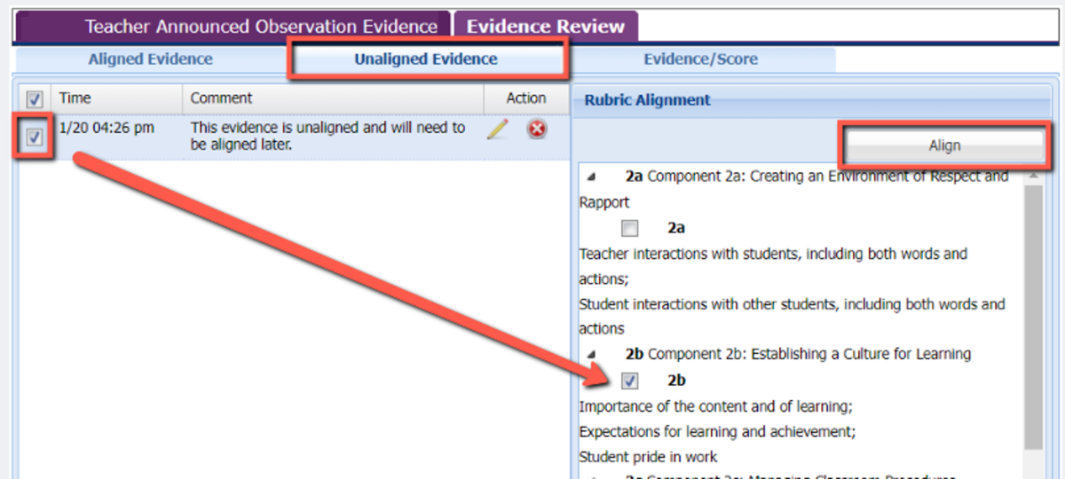 screenshot of evidence alignment under the "unaligned evidence" tab