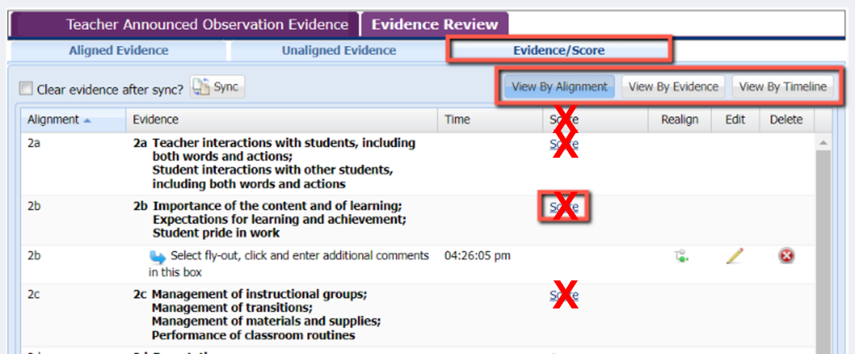 screenshot of "evidence/score" tab of the tool