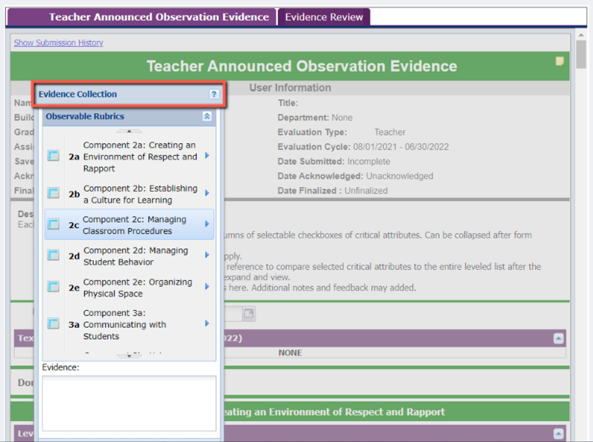 screenshot highlighting the top bar of the evidence collection tool