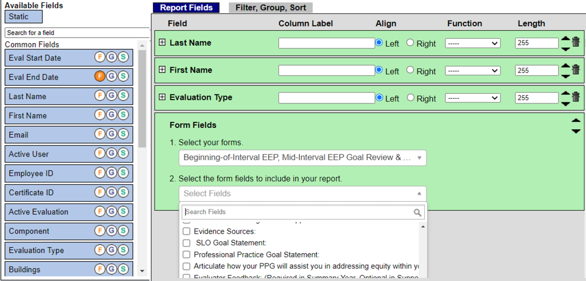 screenshot of report writer field selection