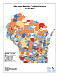 large thumbnail map of Wisconsin showing teacher losses by school district for the 2004-2005 school year