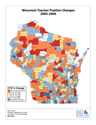 large thumbnail map of Wisconsin showing teacher losses by school district for the 2005-2006 school year