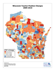 large thumbnail map of Wisconsin showing teacher losses by school district for the 2009-2010 school year