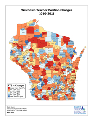 large thumbnail map of Wisconsin showing teacher losses by school district for the 2010-2011 school year