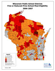 large thumbnail map of Wisconsin showing free and reduced school meal eligibility by school  district for the 2006-2007 school year