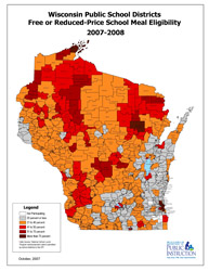 large thumbnail map of Wisconsin showing free and reduced school meal eligibility by school  district for the 2007-2008 school year