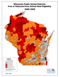 large thumbnail map of Wisconsin showing free and reduced school meal eligibility by school  district for the 2008-2009 school year