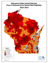 large thumbnail map of Wisconsin showing free and reduced school meal eligibility by school district for the 2012-2013 school year