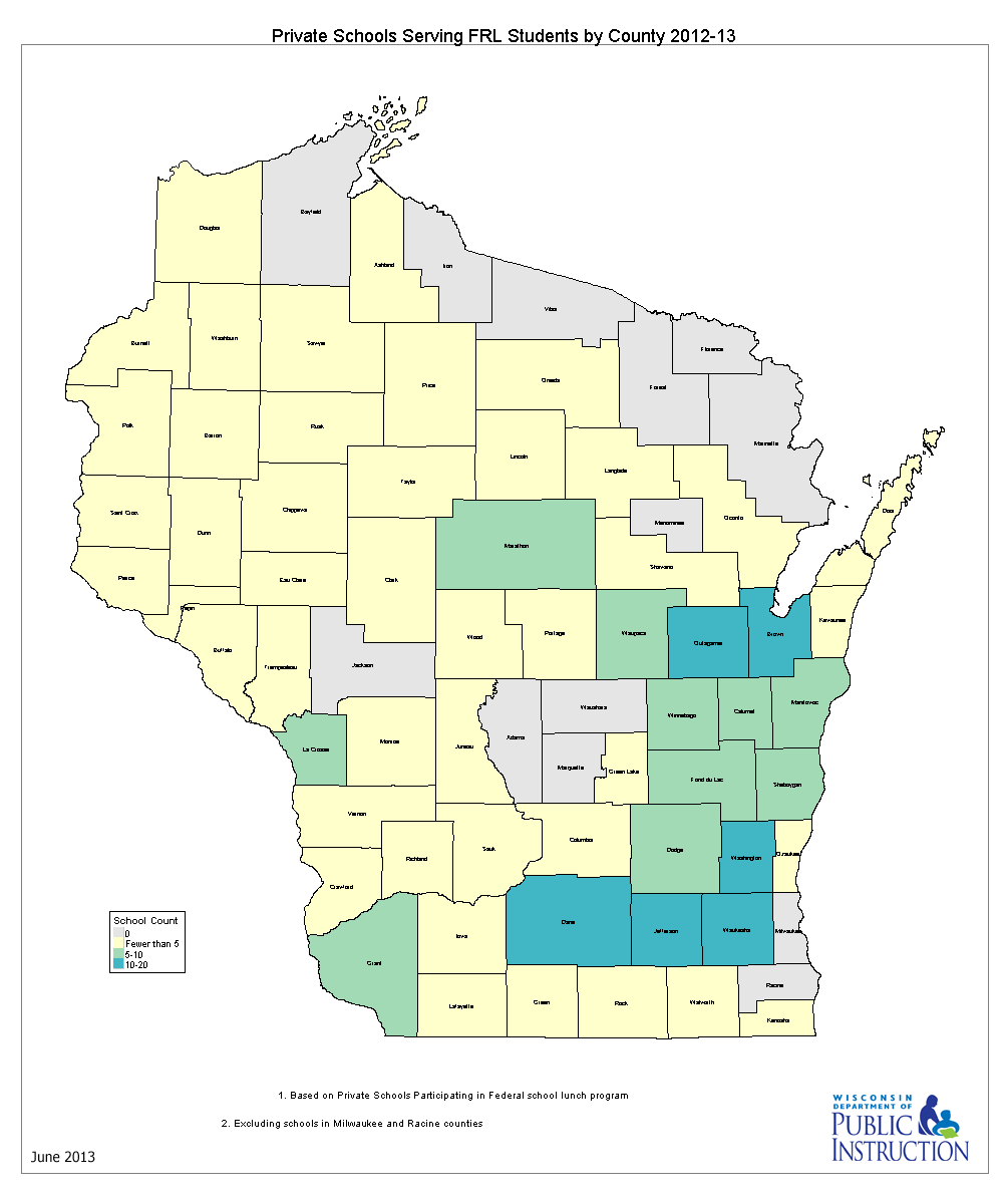 large thumbnail map of Wisconsin showing number of private schools serving free/reduced price meal eligible students in 2012-13