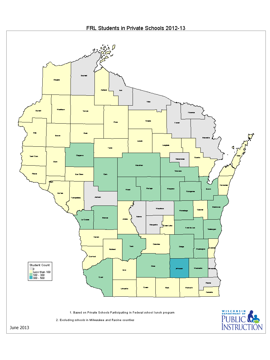 large thumbnail map of Wisconsin showing number of students eligible for free/reduced price meals who are enrolled in private schools in 2012-13