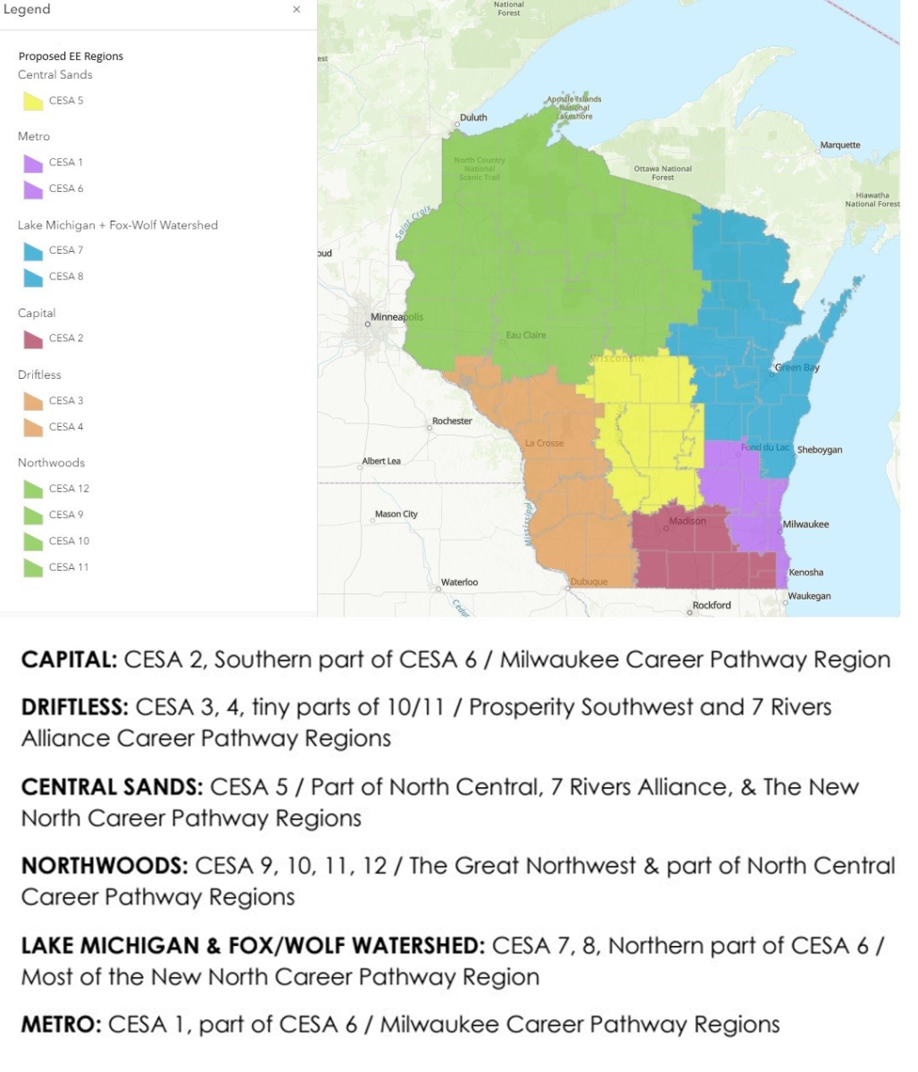 Map highlighting six Wisconsin regions