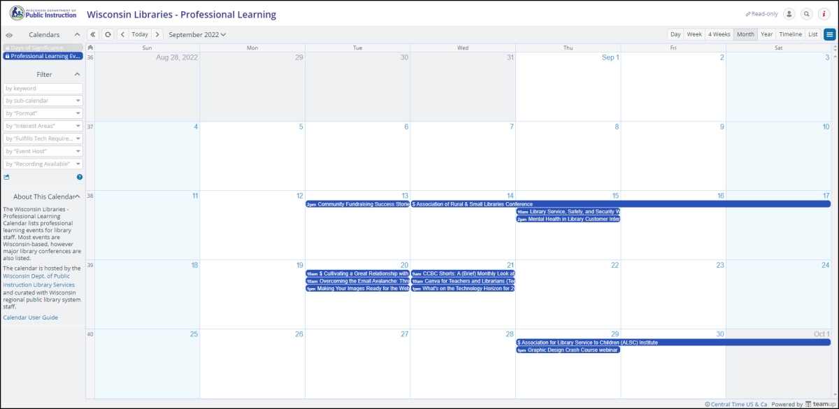 Screenshot of the Wisconsin Libraries Professional Learning Calendar