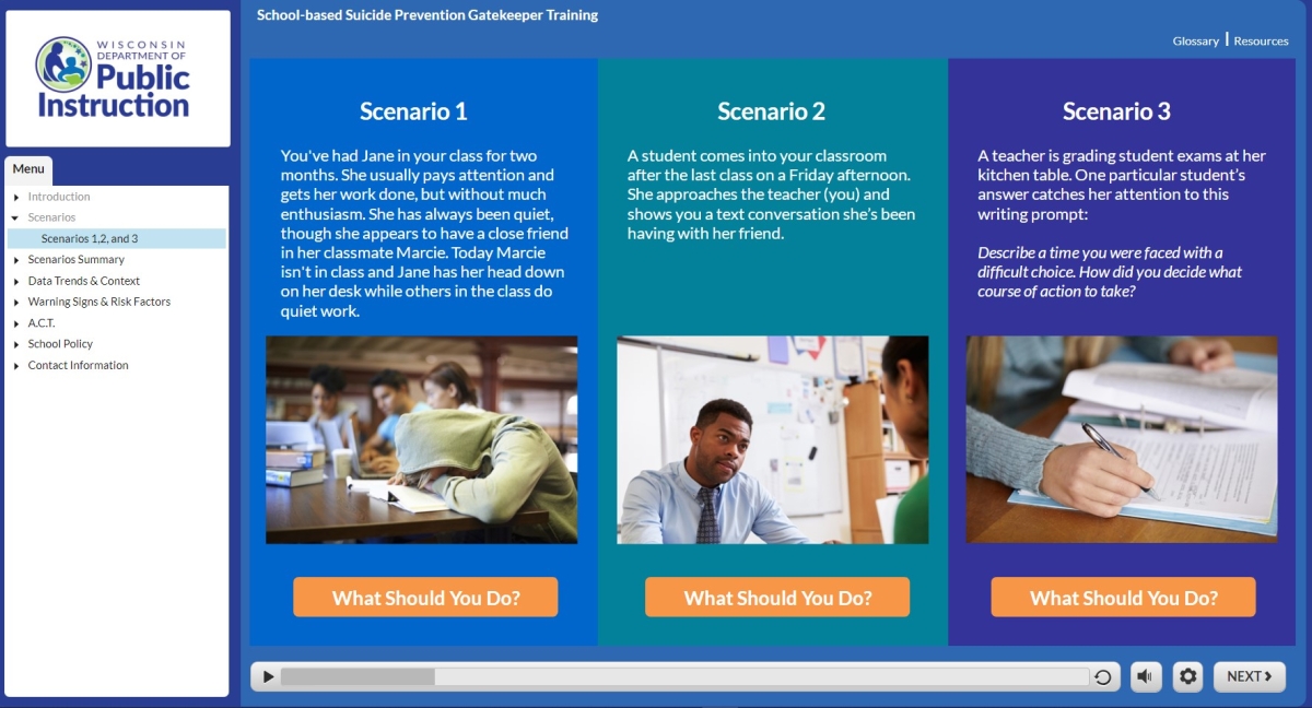 Screenshot from the School-Based Suicide Prevention Gatekeeping Module showing a screen with multiple scenarios which might indicate a student has suicidal ideation. Each scenario prompts the reader to respond and say what course of action they would take.