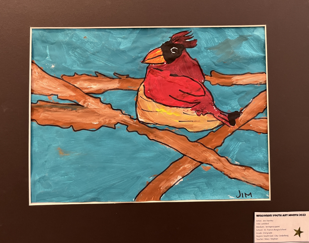 Painting of a male cardinal on a branch