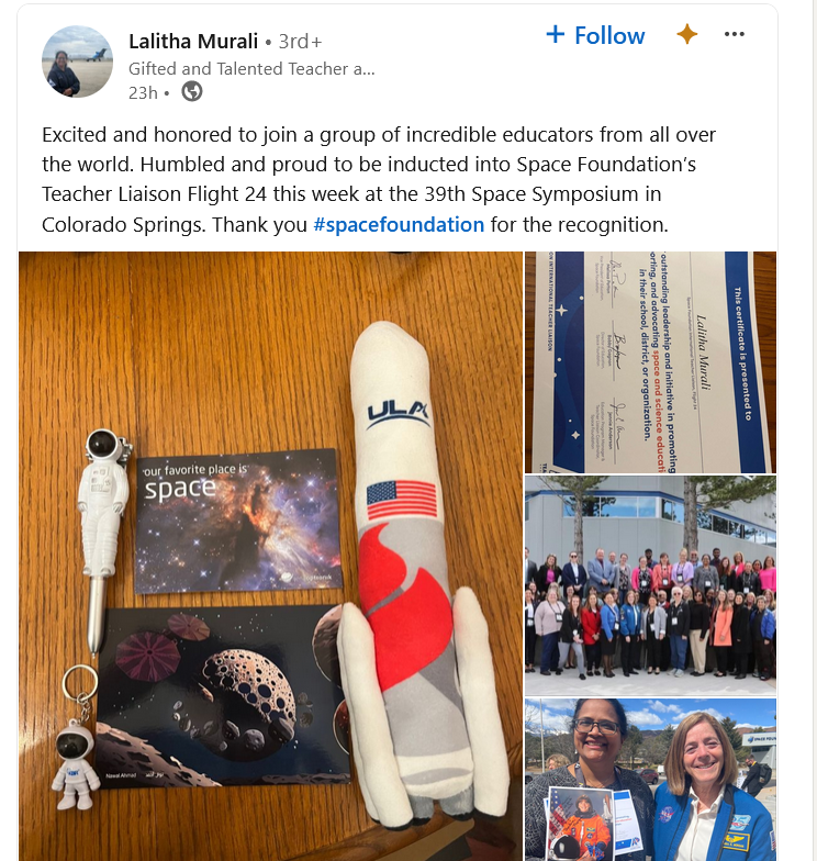 A screenshot of a social media post made by Lalitha Murali, science teacher at Glen Hills Middle School. The post contains pictures from her weeklong participation in a teaching program put on by NASA during which she took her students' science experiments into Zero-G.