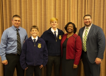 Food Pantry Project of the Randolph Cambria-Friesland FFA representatives with State Superintendent Carolyn Stanford Taylor