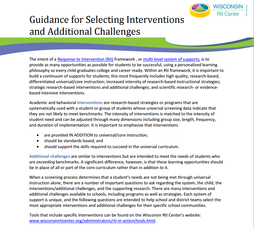 Guidance for Selecting Interventions