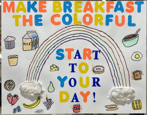 Colorful poster with a rainbow and pictures of breakfast item