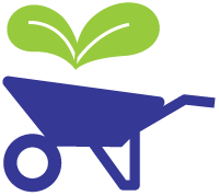 blue wheelbarrow with two green leaves