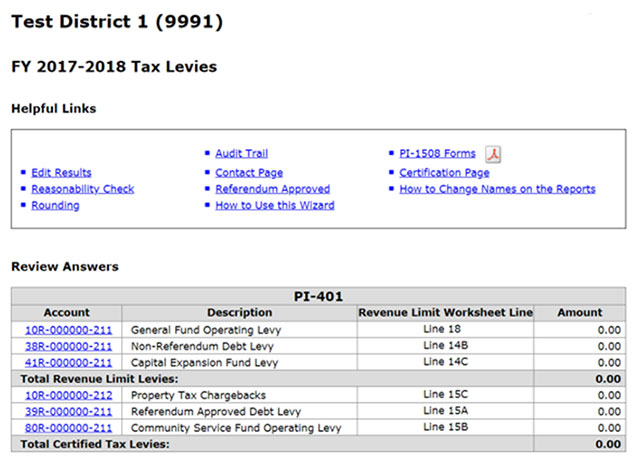 DPI PI-401 tax levies screen example