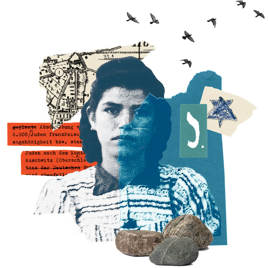 Collage with young woman, German words, and Jewish cultural items