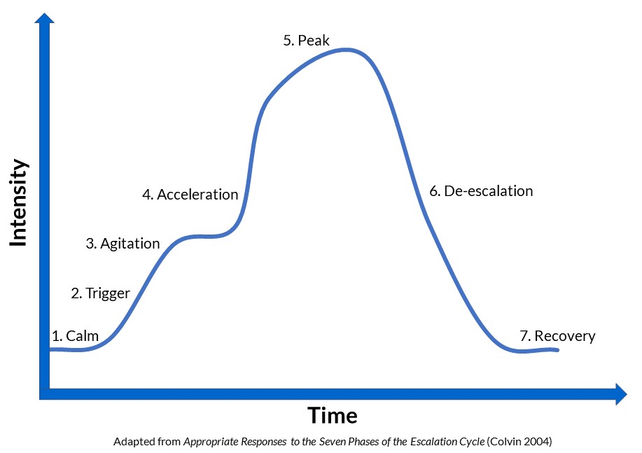 This is a graphic representation of the acting out cycle.  Students begin in the calm phase that is at the bottom of a ramp that then moves upwards like a roller coaster.  After the calm phase at the bottom, students then move gradually up the ramp into the following phases as they escalate.  First is the trigger phase, then the acceleration phase, and next the peak phase which is at the top or peak of the acting out cycle.  Student's then move back down the ramp into the de-escalation phase, and finally the recovery phase which is at the opposite but parallel end of the calm phase where they began.