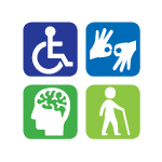 four icons in a square, each referring to a category of disability: a person in a wheelchair, hands signing, a head with an image of the brain superimposed, and a person with a cane