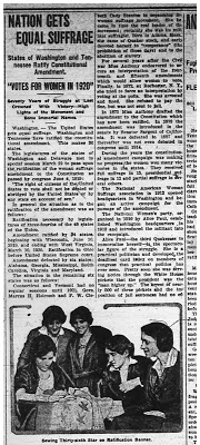 Newspaper clipping with article titled "Nation gets equal suffrage"