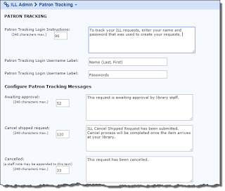 ILL Admin Patron Tracking screen shows text boxes for customizing