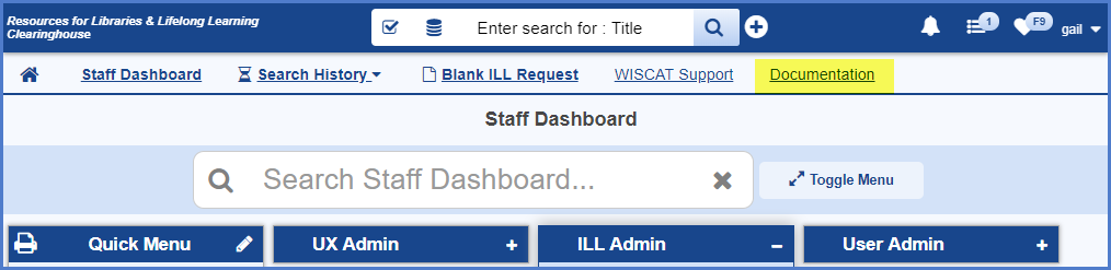 Screenshot of WISCAT staff view with Documentation link highlighted