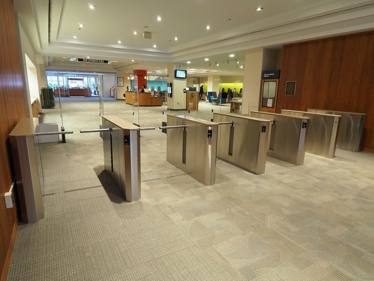 Optical turnstiles at a library entrance used to count library patrons