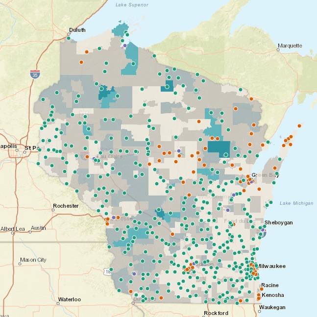 Wisconsin public libraries in relation to Census block poverty data