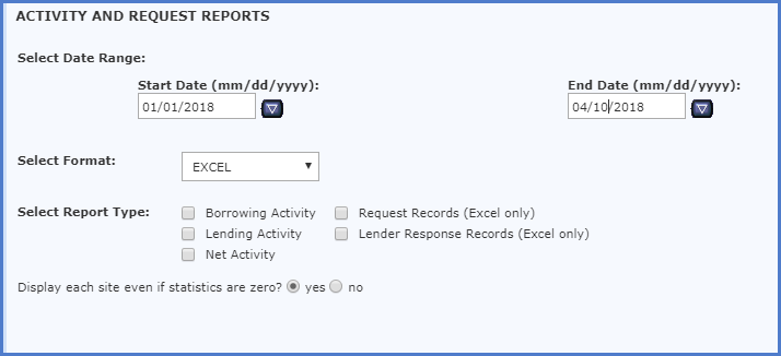 Activity and Request Reports screen with options