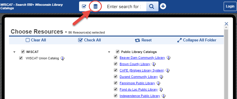 WISCAT search screenshot with stacked canister highlighted to indicate reviewing/selecting search resources.