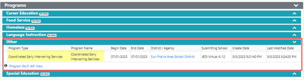 Screenshot of WISEdata Portal specific student details screen - Coordinated Early Intervening Program.