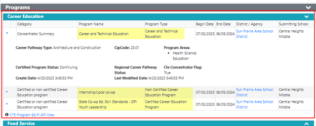 WISEdata Portal specific student details screen - CE info for Perkins Districts.