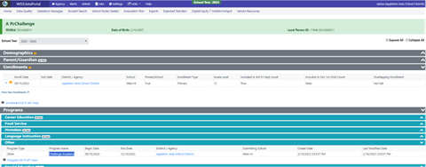 Screenshot of WISEdata Portal specific student details screen - 5-Yr-Old Blended or Challenge Academy.