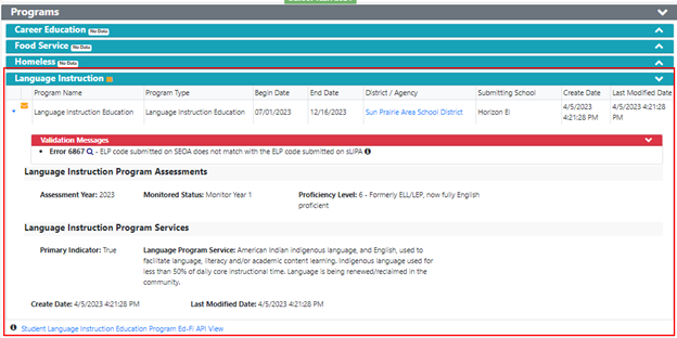 Screenshot of WISEdata Portal specific student details screen - Language Instruction Program.