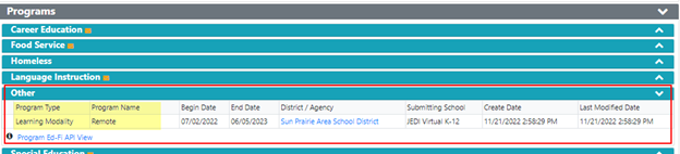 Screenshot of WISEdata Portal specific student details screen - Learning Modality.