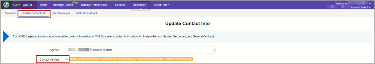 Screenshot of WISEid, Resources menu, Update Contact Information. 