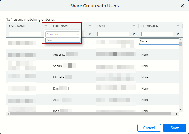 Screenshot of using filters to find an individual user or a group.