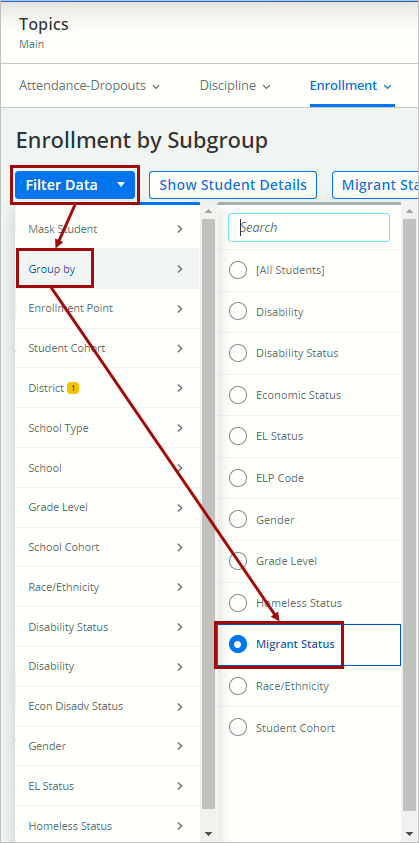 WISEdash for Districts, Topics, Enrollment, Enrollment by Subgroup, Filter Data, Group By, Migrant Status.