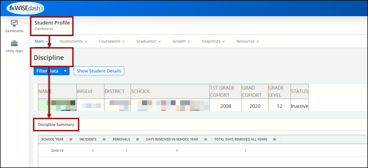 The Student Profile tab that open for your selected student, it will display that dashboard matching the data from the originally clicked bar graph (i.e., the example started with a discipline bar graph, and so a discipline dashboard will display on the Student Profile screen).