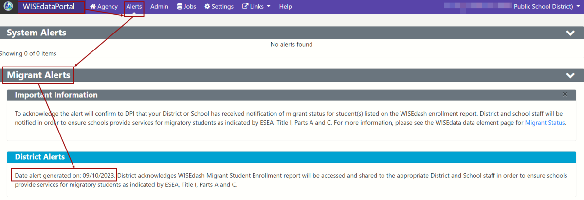 Screenshot of the Migrant Alert in WISEdata Portal