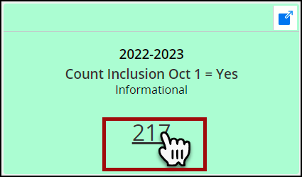 Screenshot of the Data Quality Indicator for Count Inclusion Oct 1 = Yes on the Snapshot dashboard. Icon is shown as the 'pointer finger' and a red box is calling out the hyperlinked total number of students for that count.