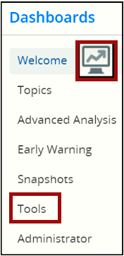 The WISEdash for Districts Dashboard menu: highlighting Tools and the 'dashboard' icon 