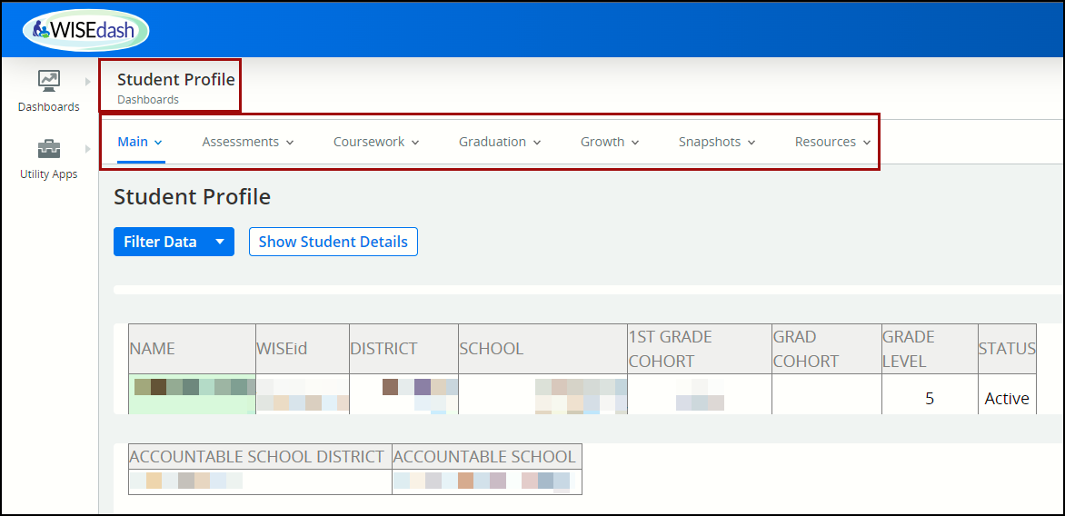 The Student Profile screen with horizontal menu tabs on WISEdash for Districts.