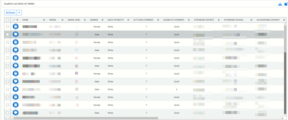 Table of student specific search results matching applied filters. 