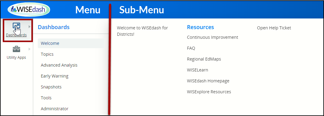 WISEdash for Districts - screenshot of Dashboards icon being clicked, displaying Dashboards men and corresponding sub-menu