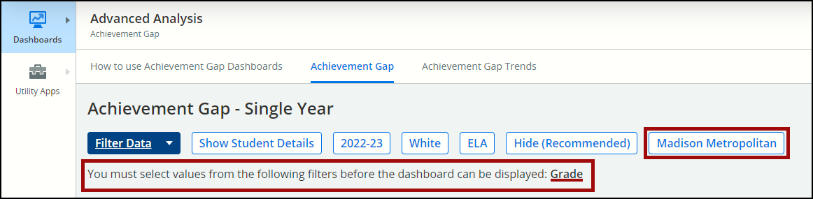 WISEdash Districts filter message requiring User to select a grade
